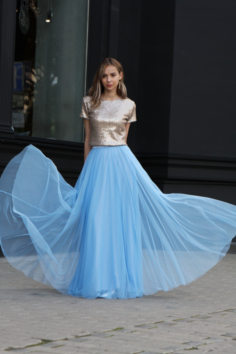 Купить Непышная юбка-солнце в пол голубая в Новосибирске в ШоуРуме платьевпо выгодной цене