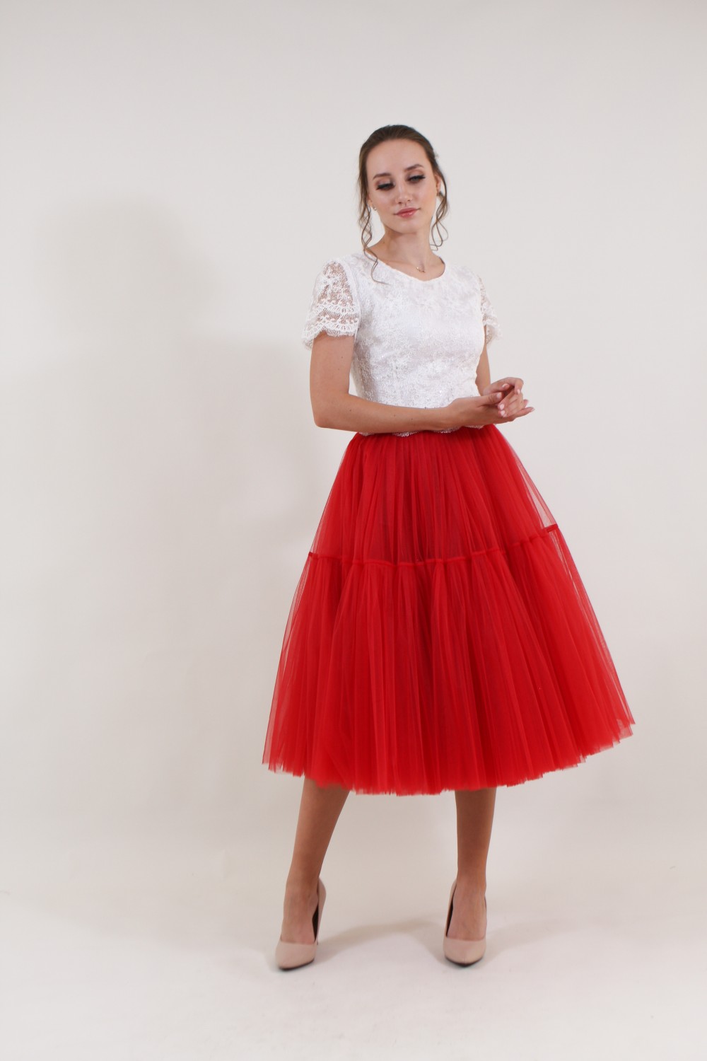 Пышная ярусная юбка из фатина (Красная)      - фото