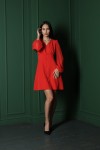 Платье  мини с полупрозрачным рукавом (Красное) - фото 
